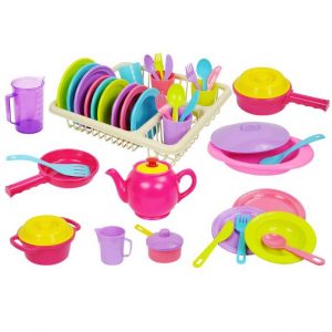 Cooking, Dinner & Tea Set with Rack 45pc Pastel